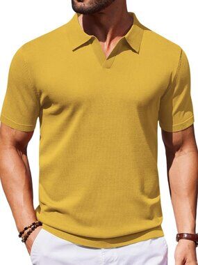 Women's Yellow V-Neck Short Sleeve Stretch Knit Polo Shirt Top